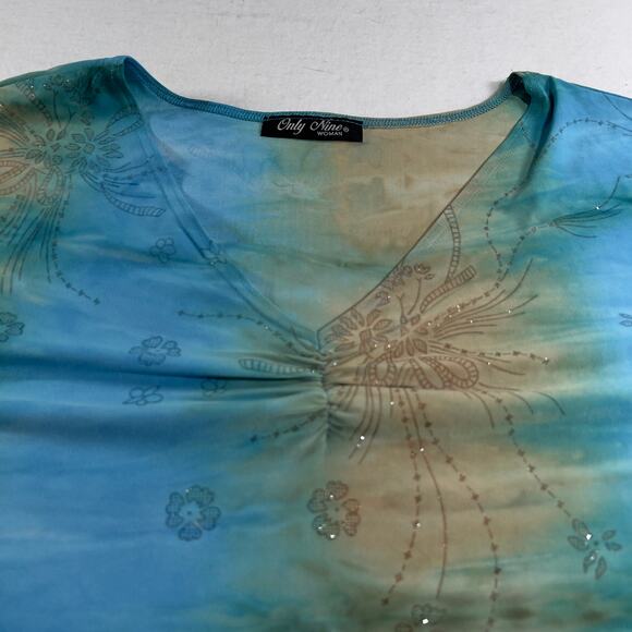 Only Nine Woman Top Metallic Thread Sparkle Floral Tye Dye Blue Green Brown - Picture 4 of 9